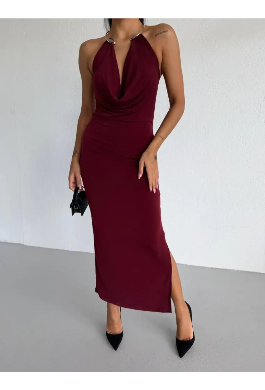 Sandy Kumaş Yaka Detay Elbise Bordo