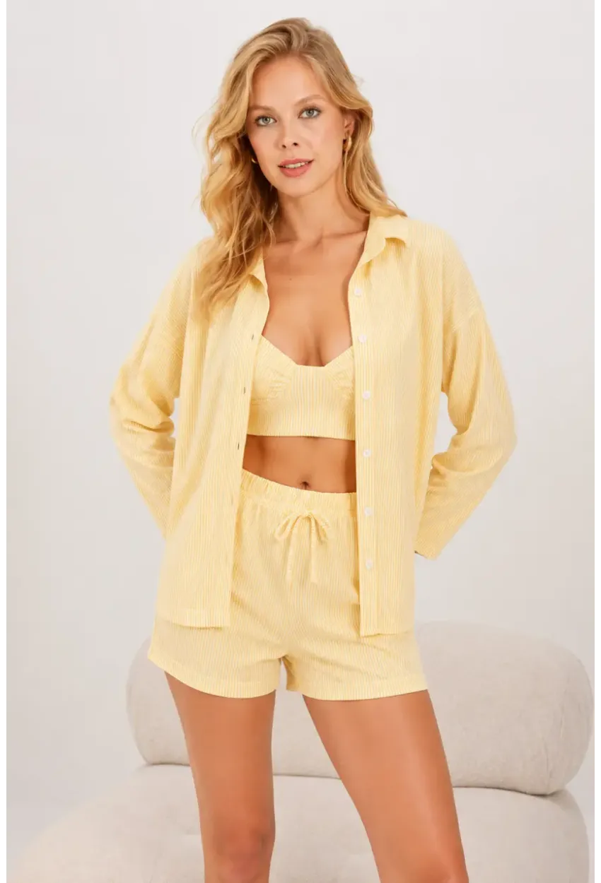 Sarı 3lü Bralı Çizgili Örme Pijama Takımı