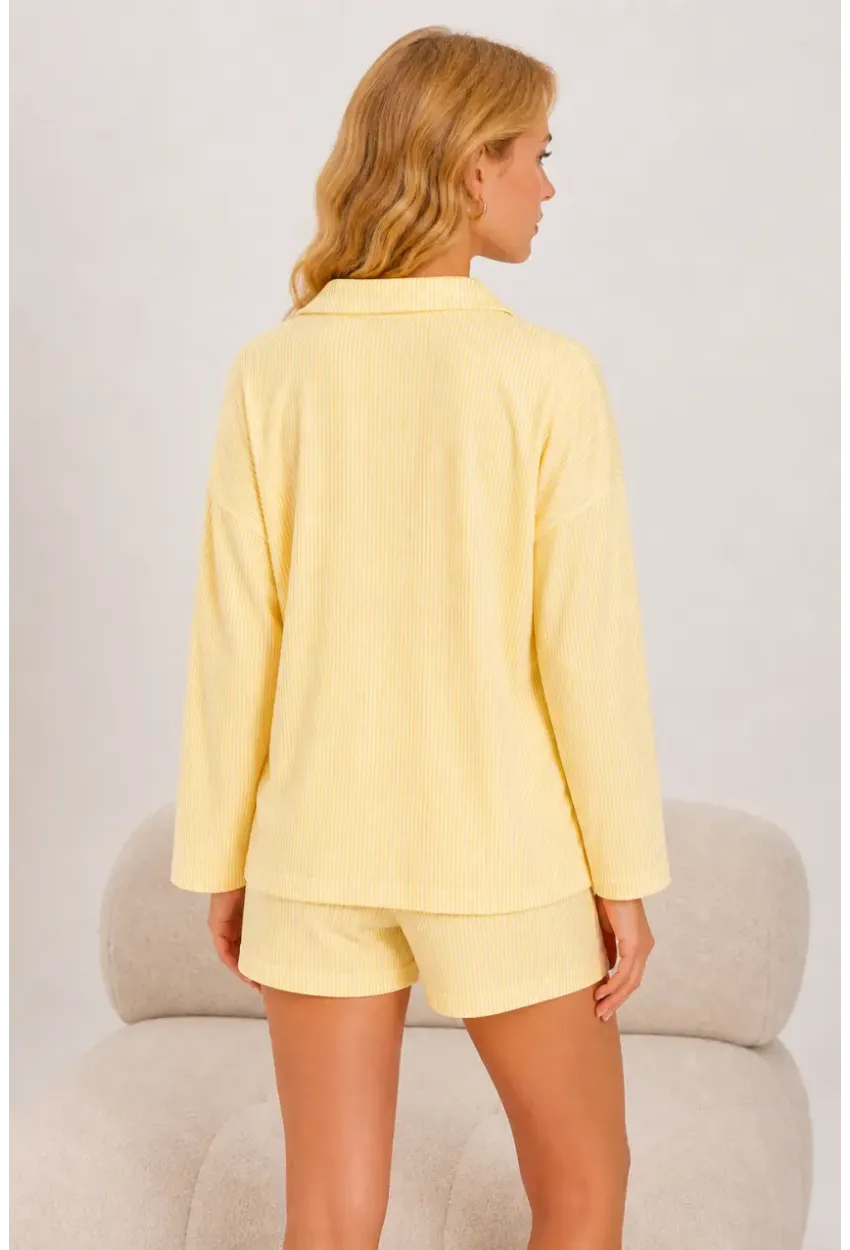 Sarı 3lü Bralı Çizgili Örme Pijama Takımı