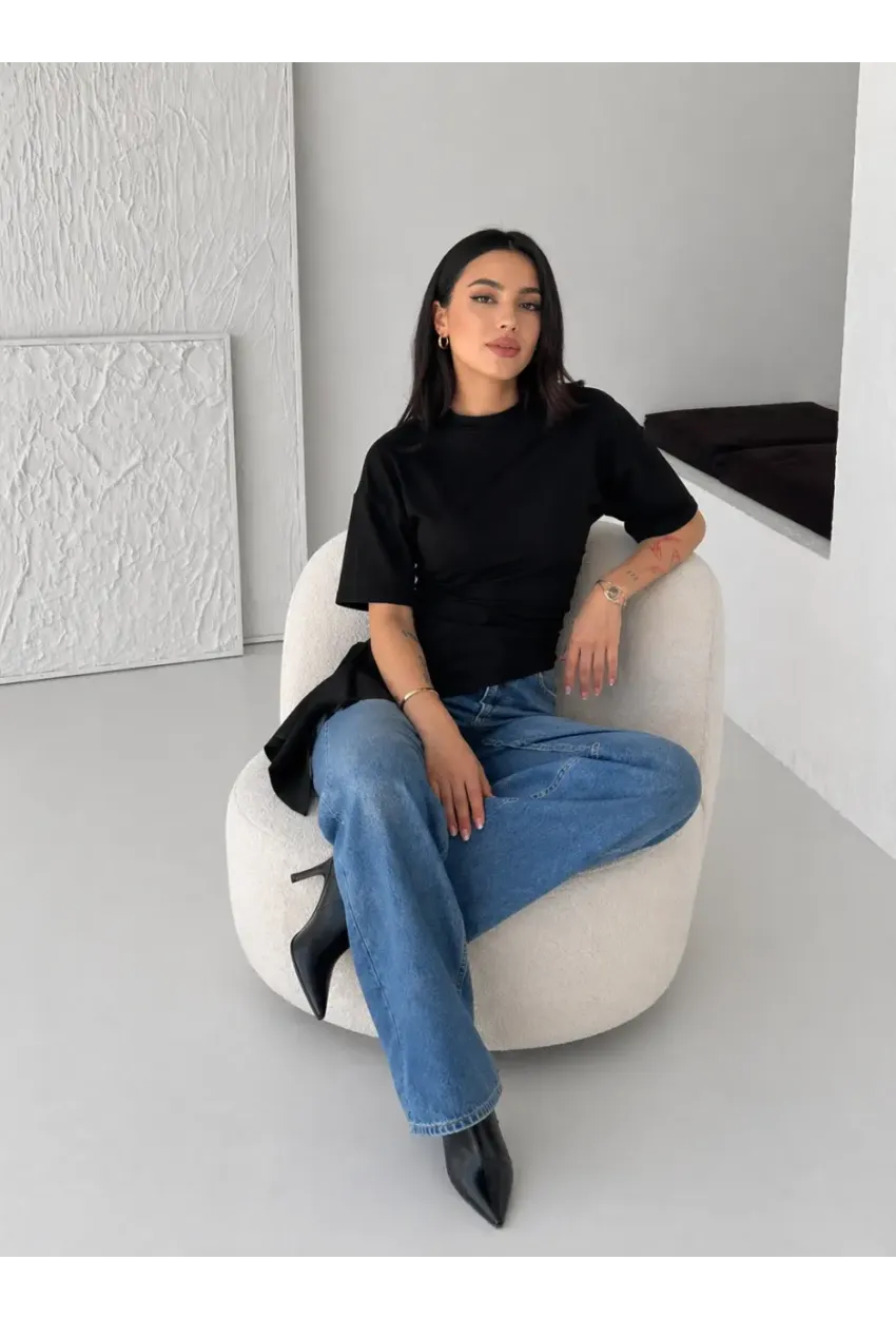 Siyah Asimetrik Drapeli Modern Basic Bluz