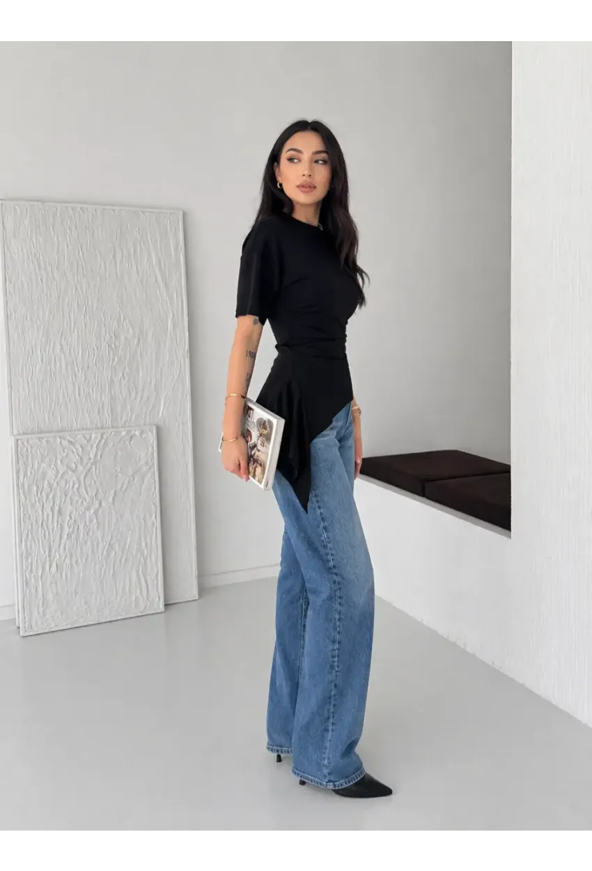 Siyah Asimetrik Drapeli Modern Basic Bluz