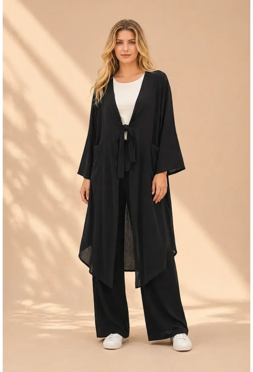 Siyah Bağlamalı Kimono Keten Takım