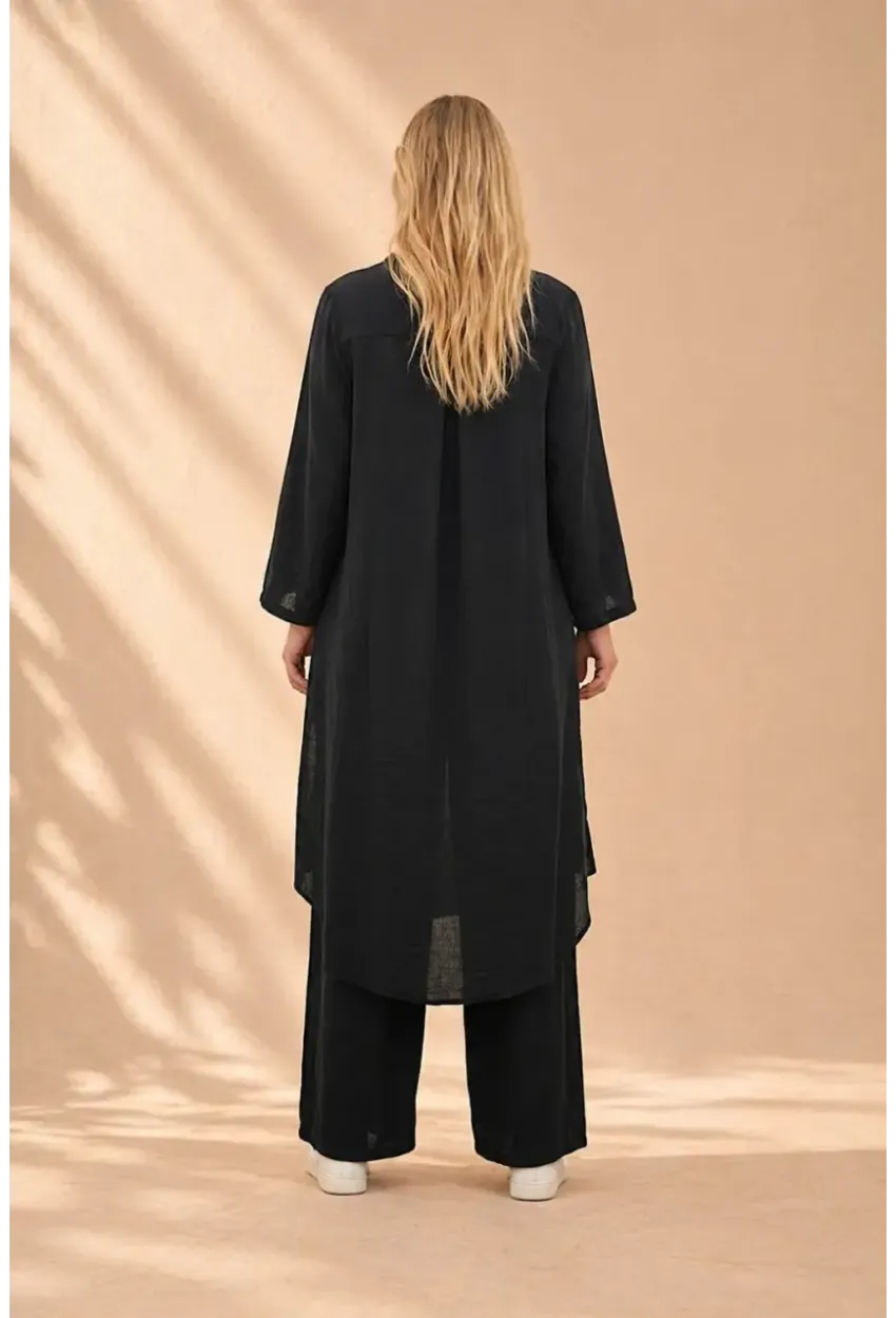 Siyah Bağlamalı Kimono Keten Takım