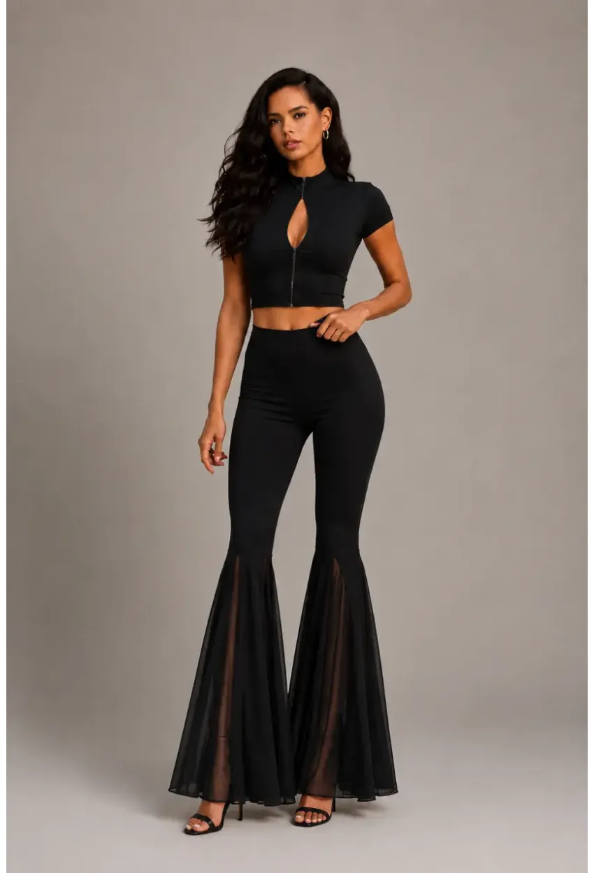 Siyah Crop Top & İspanyol Paça Pantolon Kadın 2li Takım