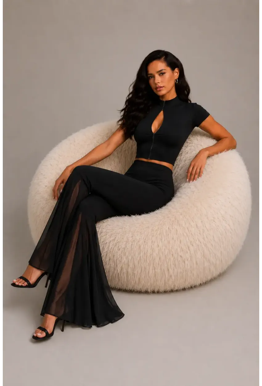 Siyah Crop Top & İspanyol Paça Pantolon Kadın 2li Takım