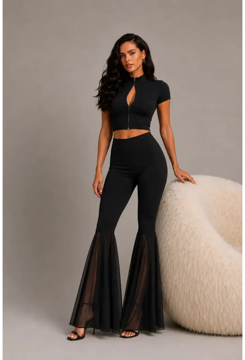 Siyah Crop Top & İspanyol Paça Pantolon Kadın 2li Takım