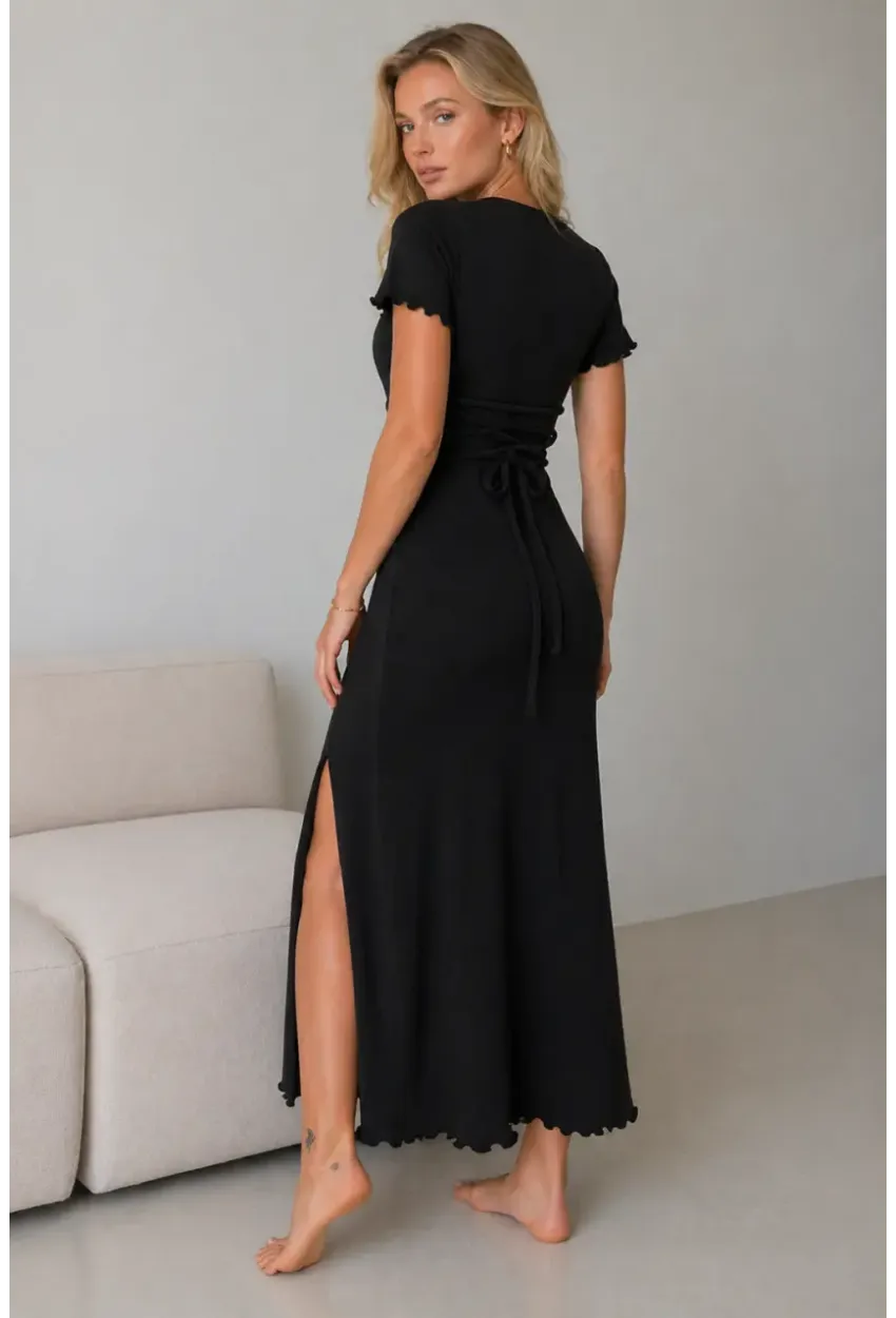 Siyah Kaşkorse Yırtmaç Detaylı Midi Elbise – Esnek Fit & Feminen Şıklık