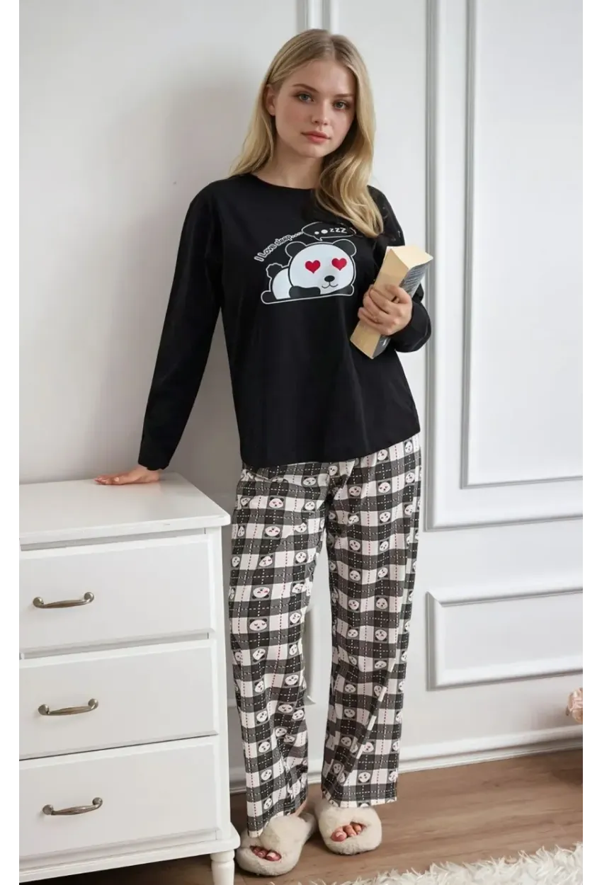 Siyah Panda Baskılı Uzun Kollu Pijama Takımı