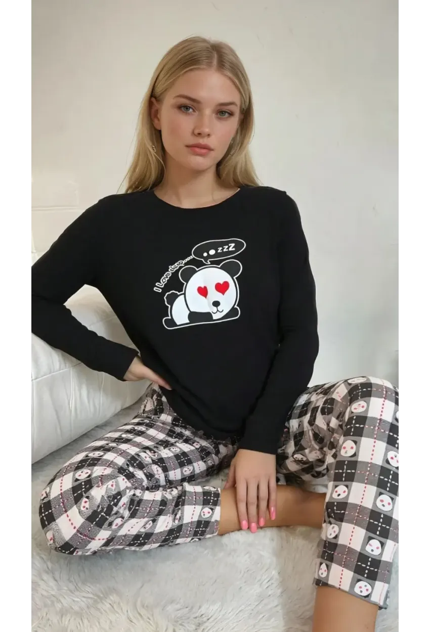 Siyah Panda Baskılı Uzun Kollu Pijama Takımı