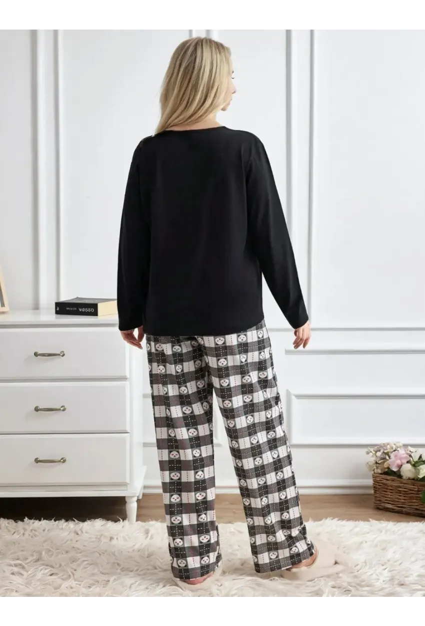 Siyah Panda Baskılı Uzun Kollu Pijama Takımı