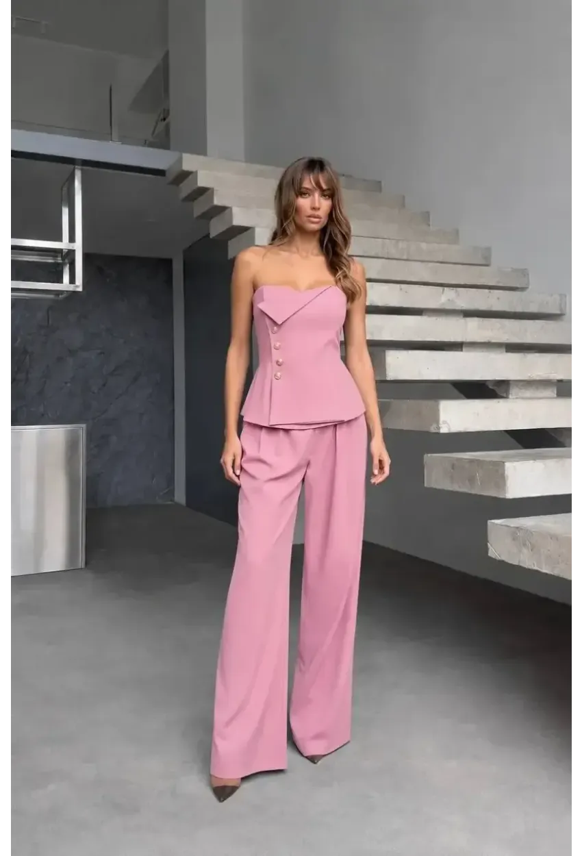 Straplez Bluz ve Pantolon Alt Üst Takım Pembe