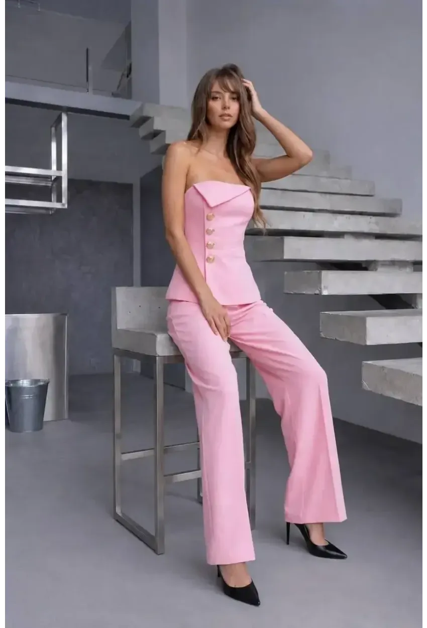 Straplez Bluz ve Pantolon Alt Üst Takım Pembe