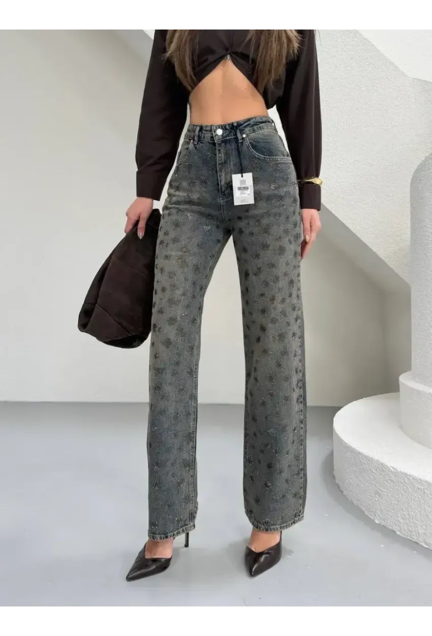 Tik Likra Leopar Taşlı Straightfit Jeans