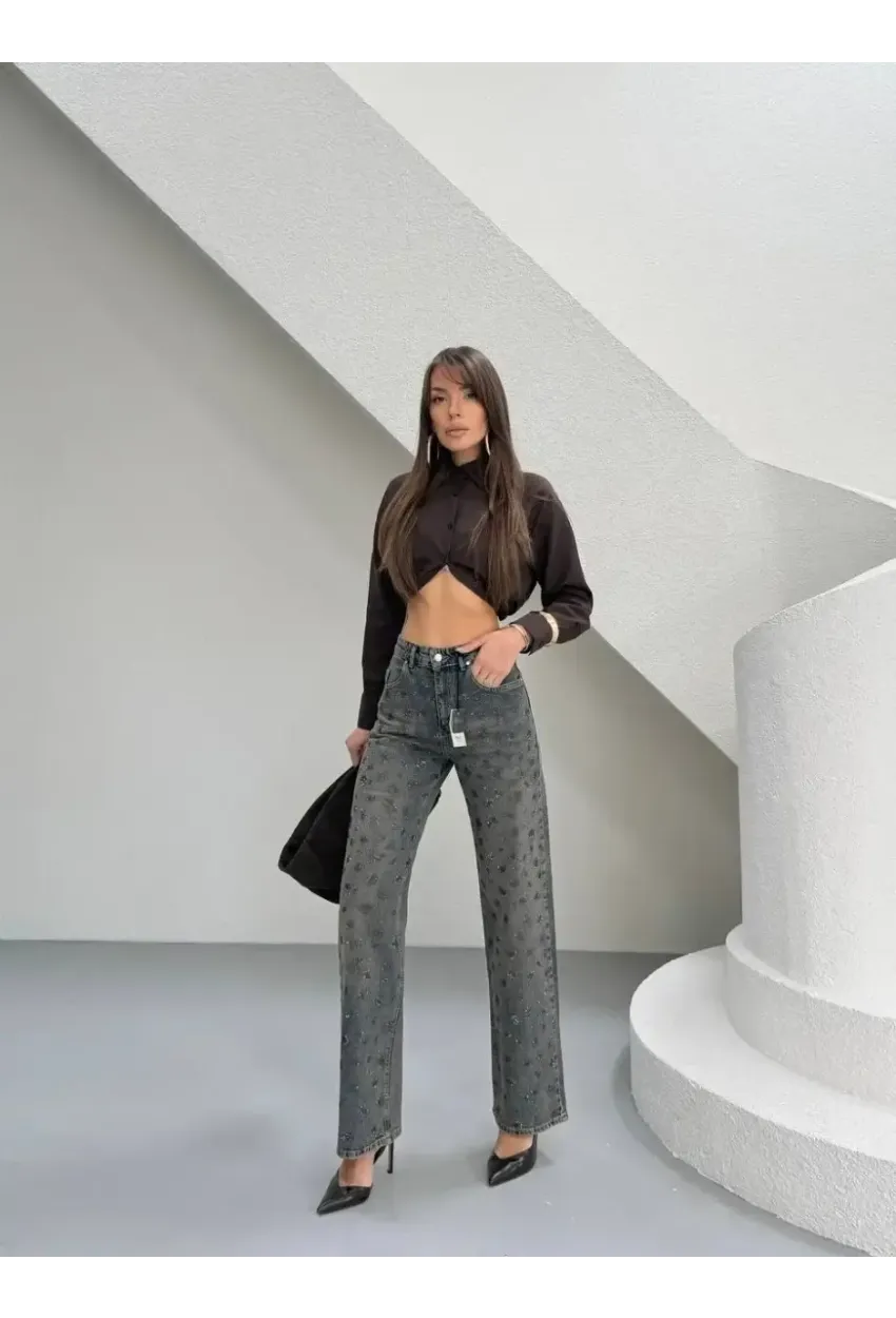 Tik Likra Leopar Taşlı Straightfit Jeans