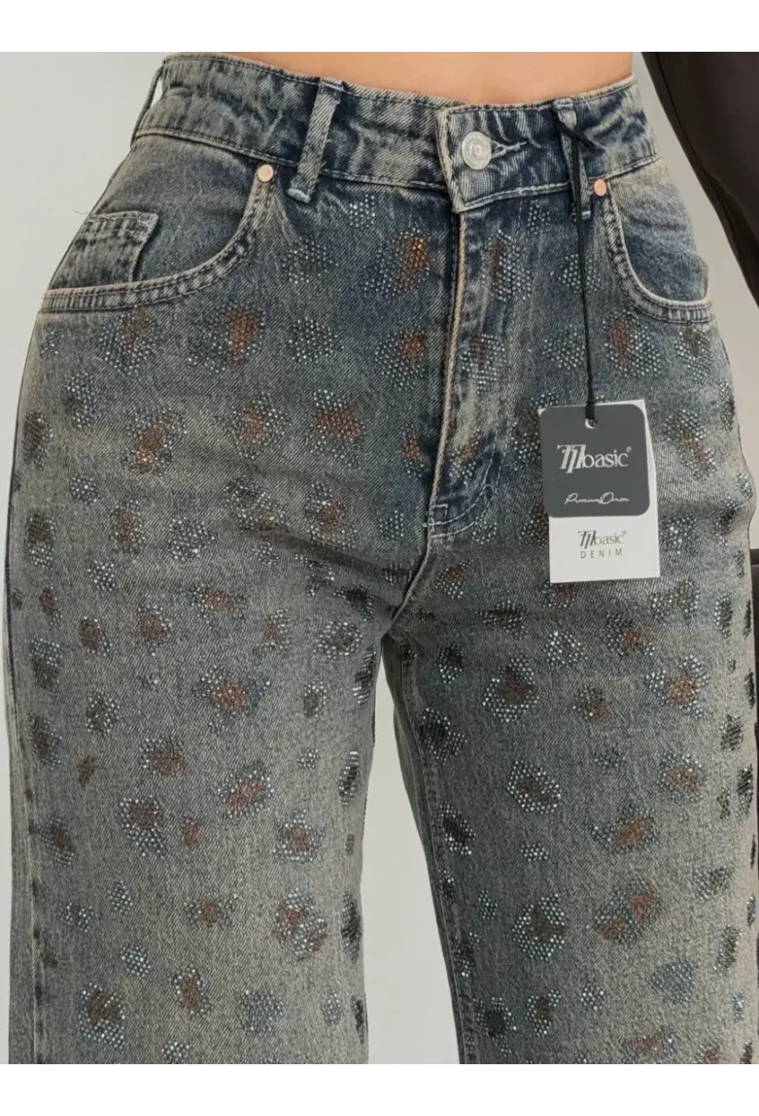 Tik Likra Leopar Taşlı Straightfit Jeans