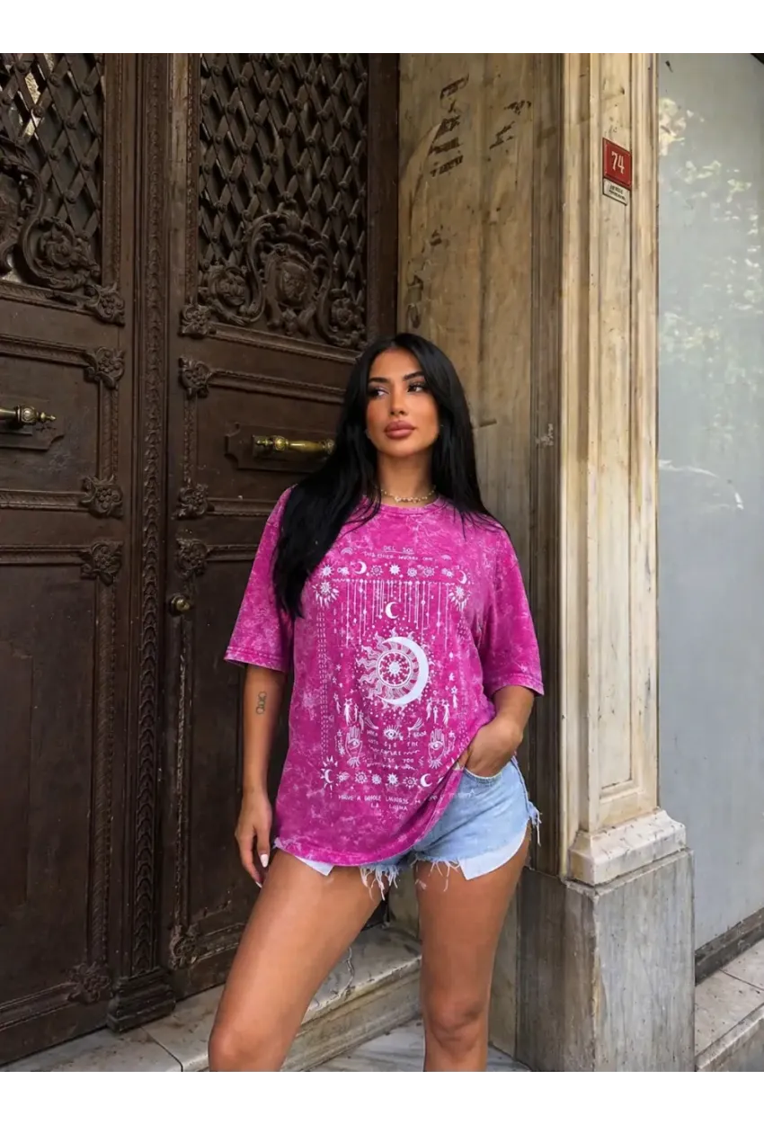 Vintage Yıkamalı Pembe Astroloji & Ay Baskılı Oversize T-Shirt