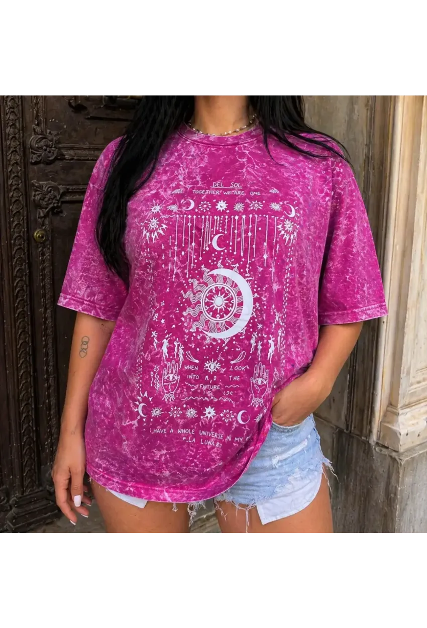 Vintage Yıkamalı Pembe Astroloji & Ay Baskılı Oversize T-Shirt