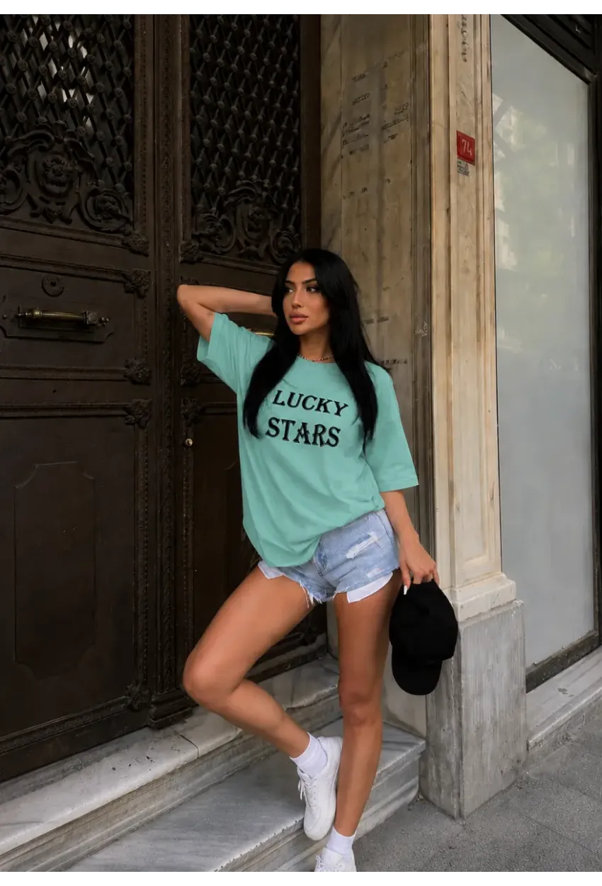 Yeşil Lucky Stars Baskılı Oversize Kadın T-Shirt
