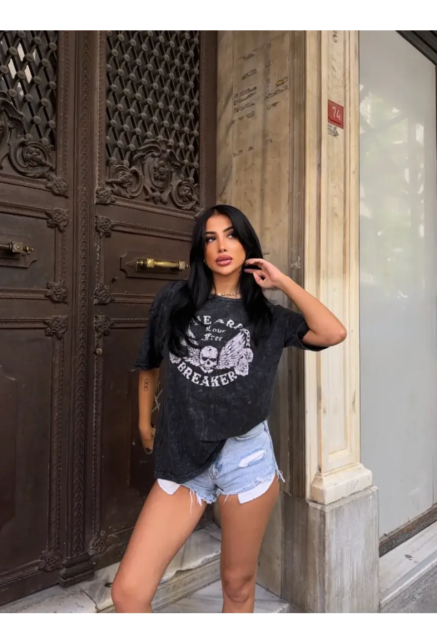 Yıkamalı Heart Baskılı T-Shirt