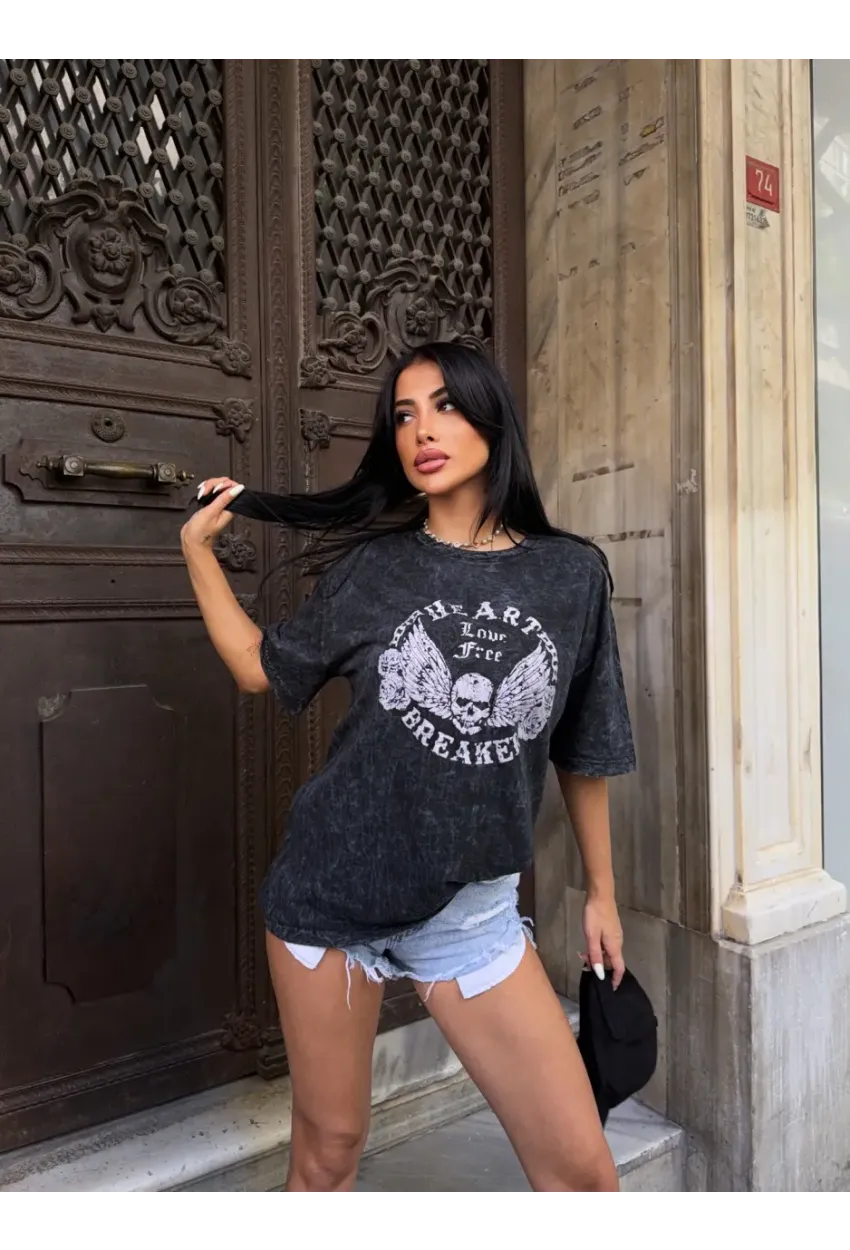 Yıkamalı Heart Baskılı T-Shirt