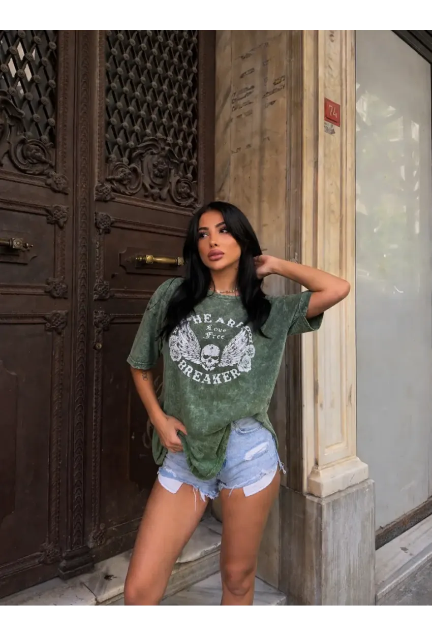 Yıkamalı Heart Baskılı T-Shirt