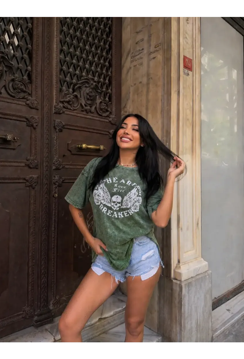 Yıkamalı Heart Baskılı T-Shirt