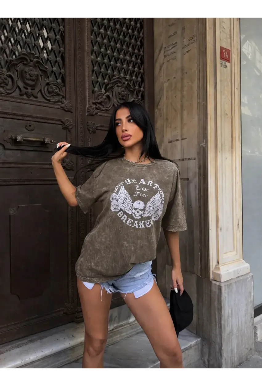 Yıkamalı Heart Baskılı T-Shirt