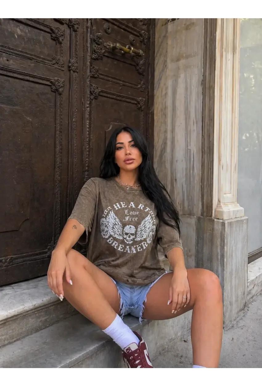 Yıkamalı Heart Baskılı T-Shirt
