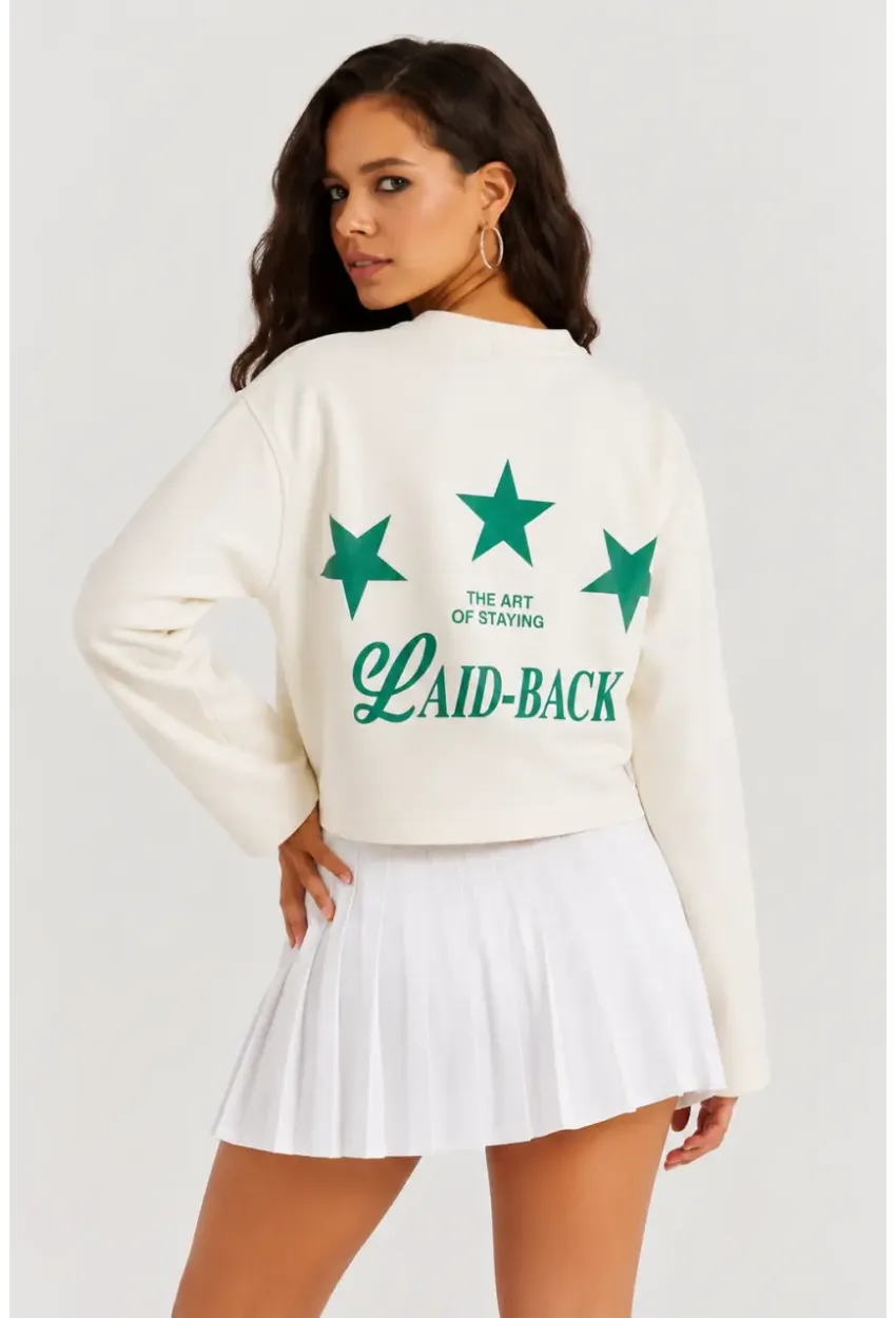 Yıldız Baskılı Crop Sweatshirt - Krem