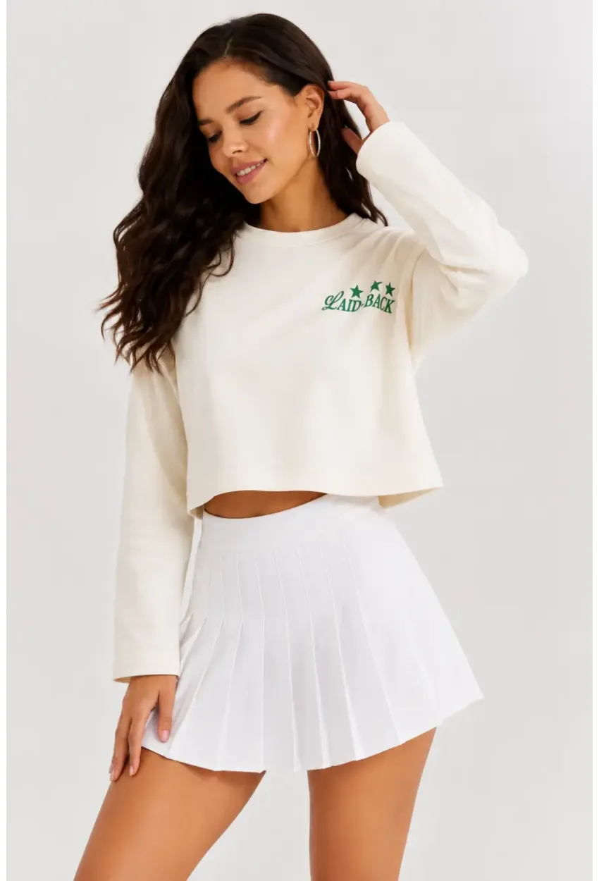 Yıldız Baskılı Crop Sweatshirt - Krem