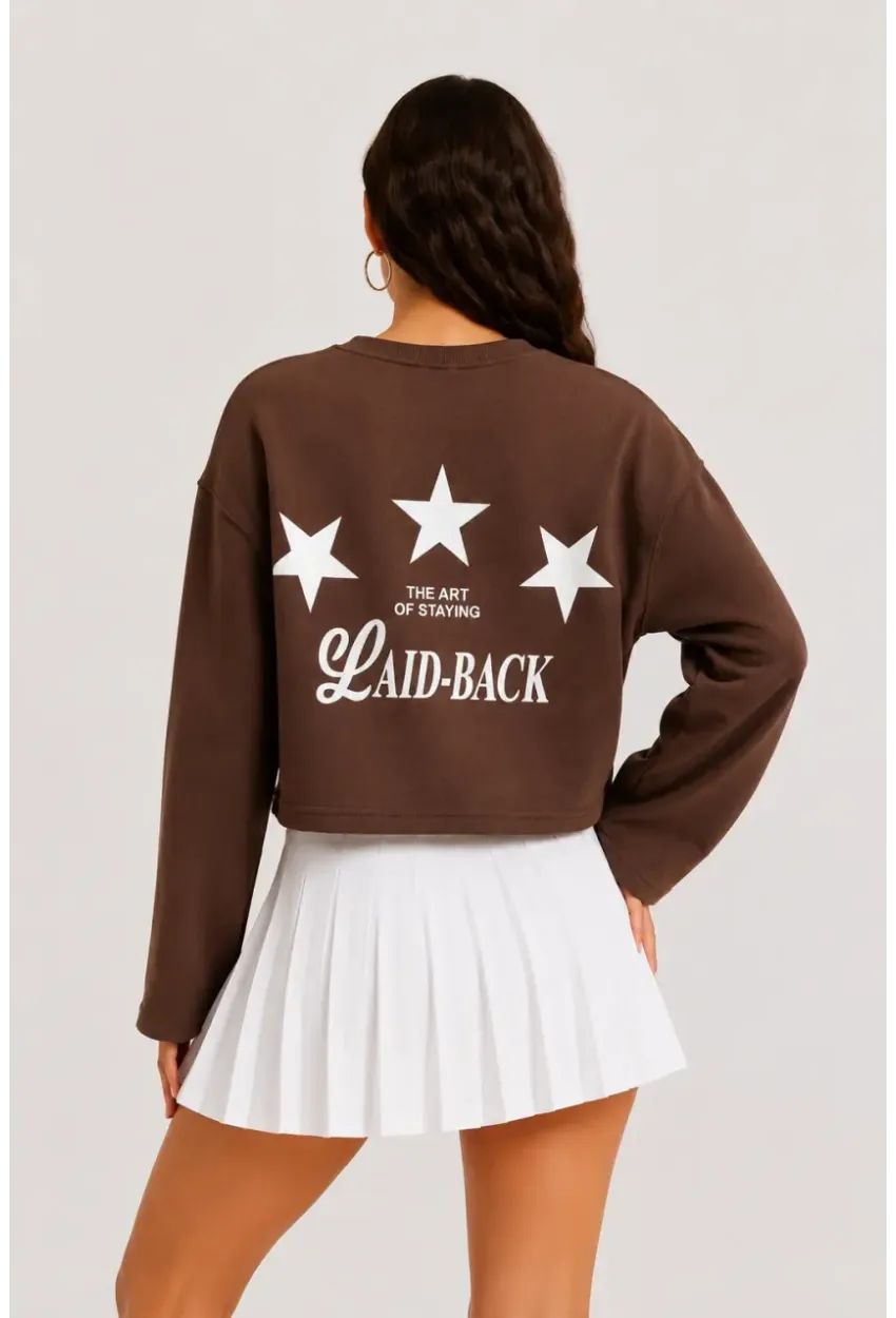 Yıldız Baskılı Crop Sweatshirt - Kahverengi