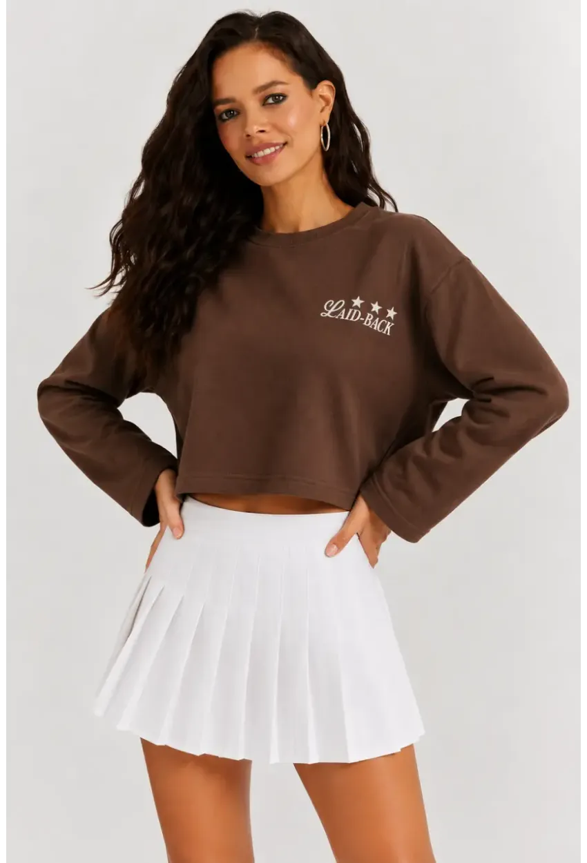 Yıldız Baskılı Crop Sweatshirt - Kahverengi