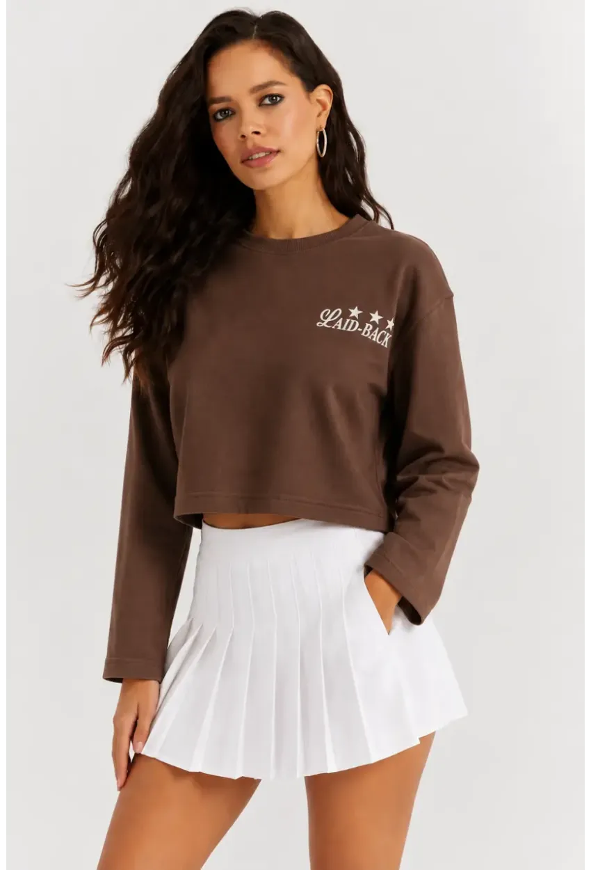 Yıldız Baskılı Crop Sweatshirt - Kahverengi