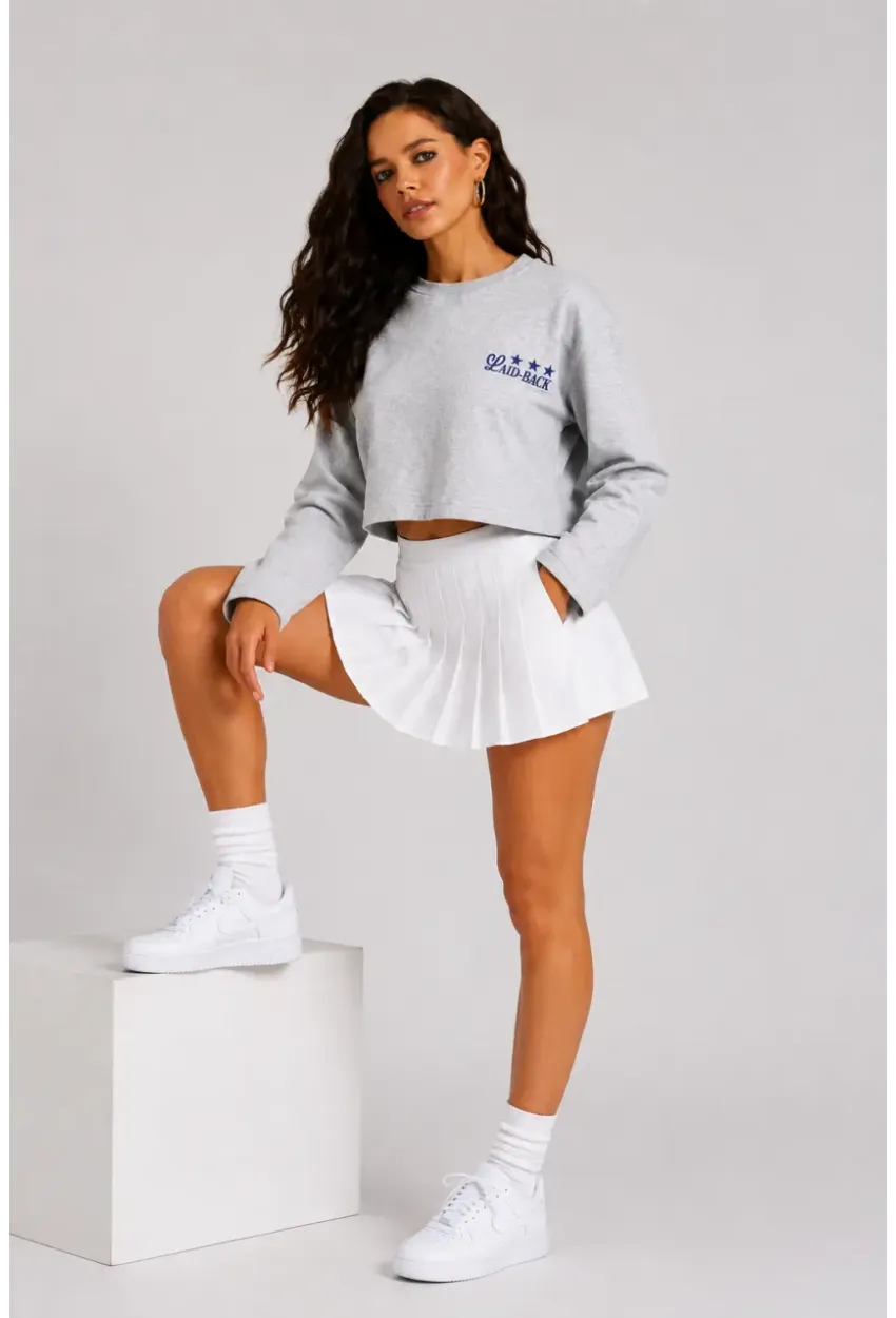 Yıldız Baskılı Crop Sweatshirt - Gri