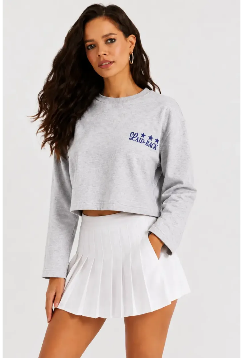 Yıldız Baskılı Crop Sweatshirt - Gri
