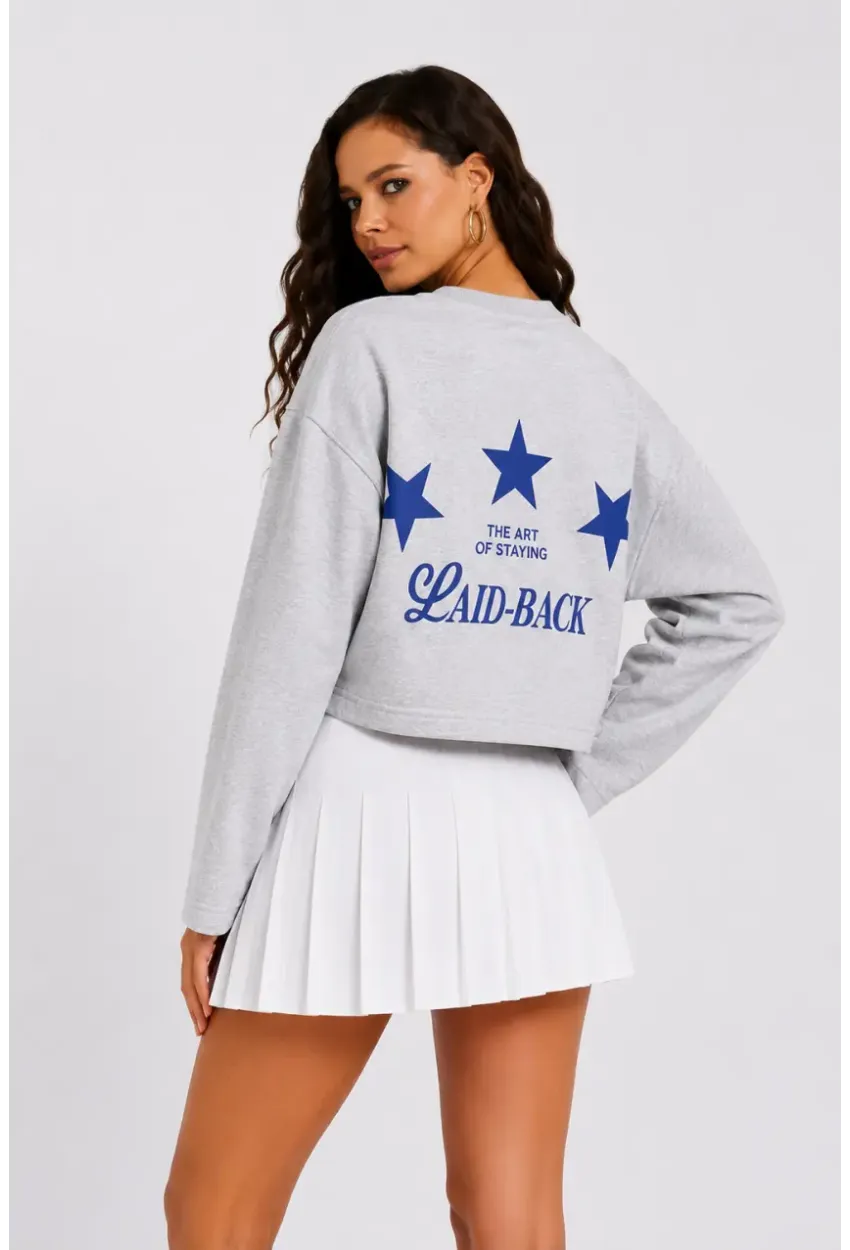 Yıldız Baskılı Crop Sweatshirt - Gri