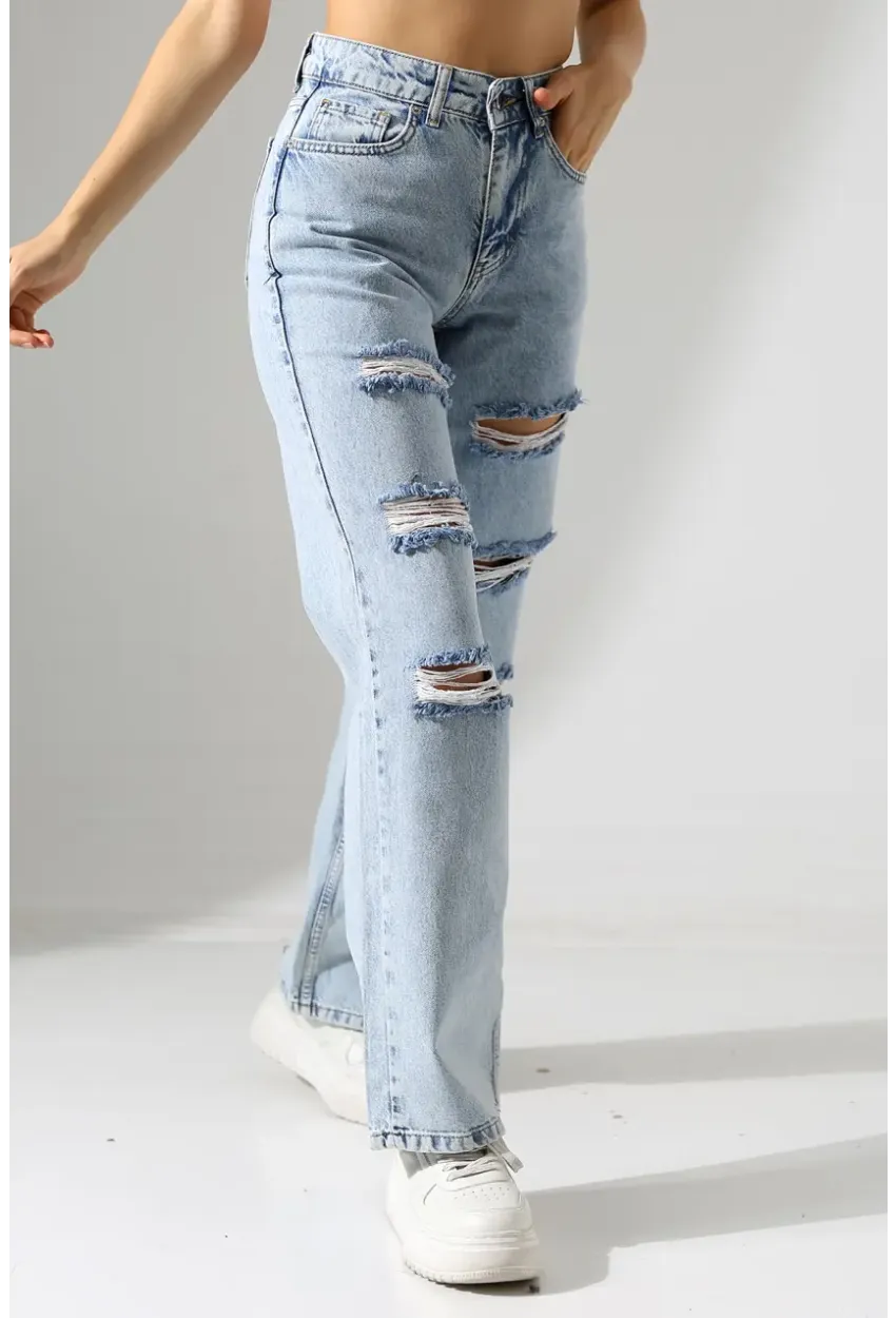 Yüksek Bel Yırtık Detaylı Mom Jean