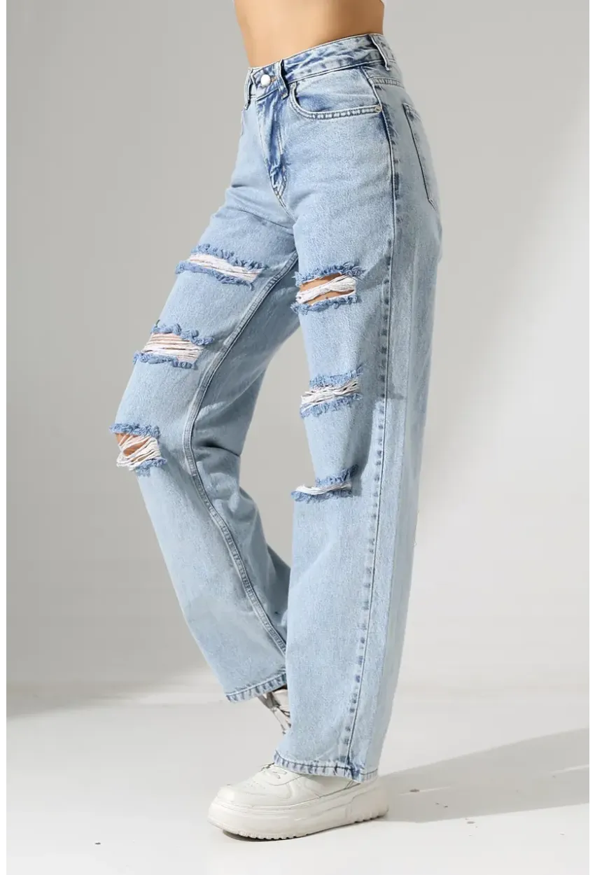 Yüksek Bel Yırtık Detaylı Mom Jean