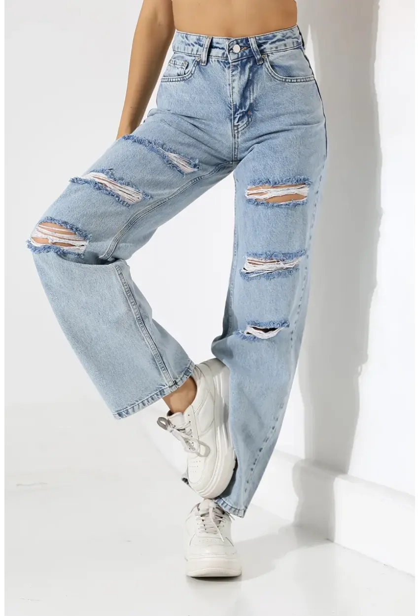 Yüksek Bel Yırtık Detaylı Mom Jean