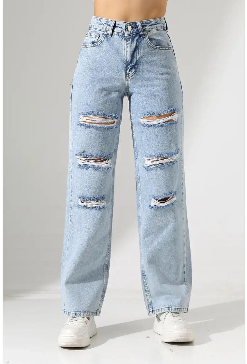 Yüksek Bel Yırtık Detaylı Mom Jean