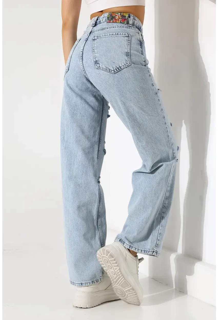 Yüksek Bel Yırtık Detaylı Mom Jean