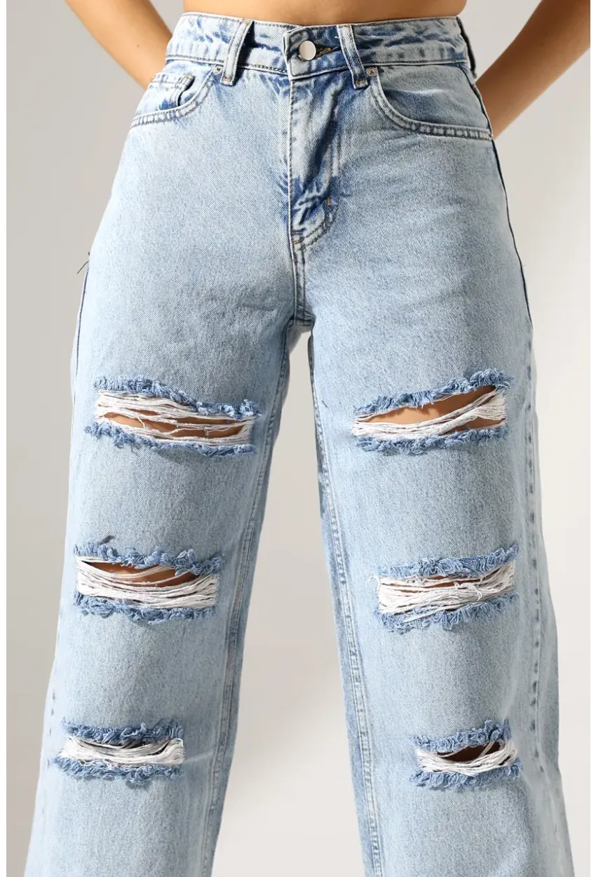 Yüksek Bel Yırtık Detaylı Mom Jean