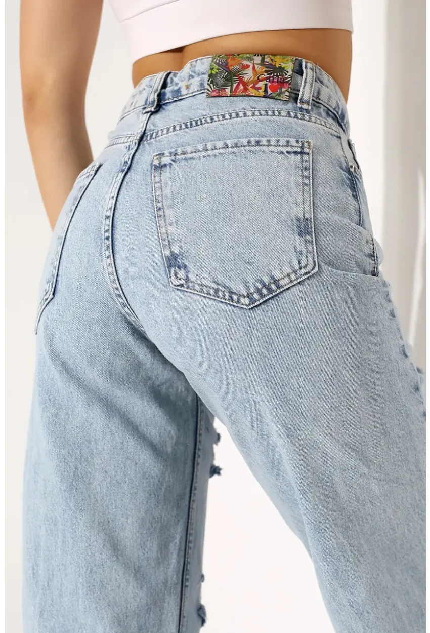 Yüksek Bel Yırtık Detaylı Mom Jean