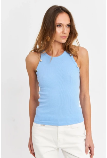 Kadın Açık-Mavi Düğme Detaylı Kolsuz Kaşkorse Bluz TF55