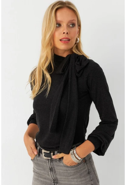 Kadın Antrasıt Boyun Bağlamalı Bluz MEY2993