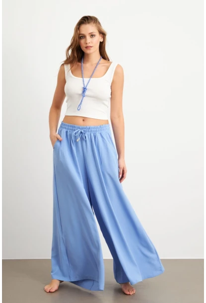 Kadın Bebe Mavi Beli Lastikli Cepli Palazzo Pantolon Sİ1155