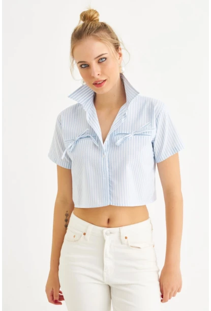 Kadın Bebe Mavi Kurdele Detaylı Crop Gömlek MPC302