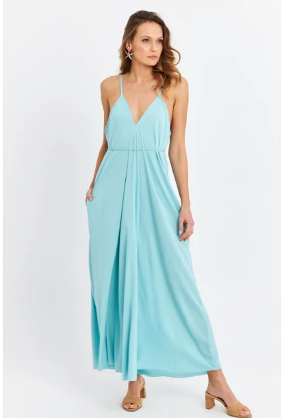 Kadın Bebe Mavi Ön Arka V Cepli Salaş Midi Elbise PC10758