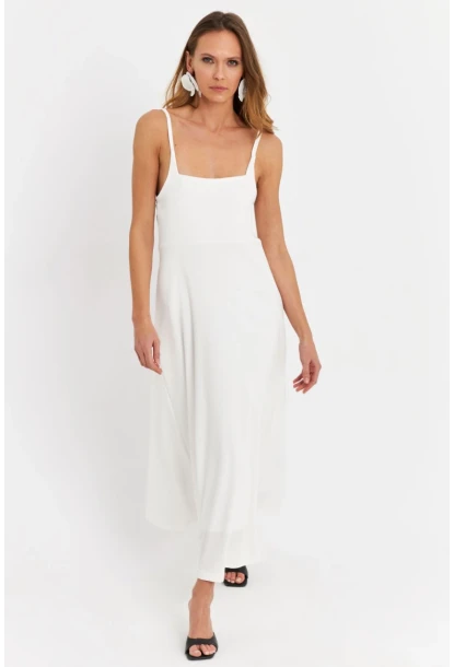 Kadın Beyaz Askılı Bürümcük Midi Elbise EY3057