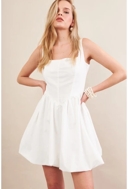 Kadın Beyaz Askılı Mini Balon Elbise ERL105